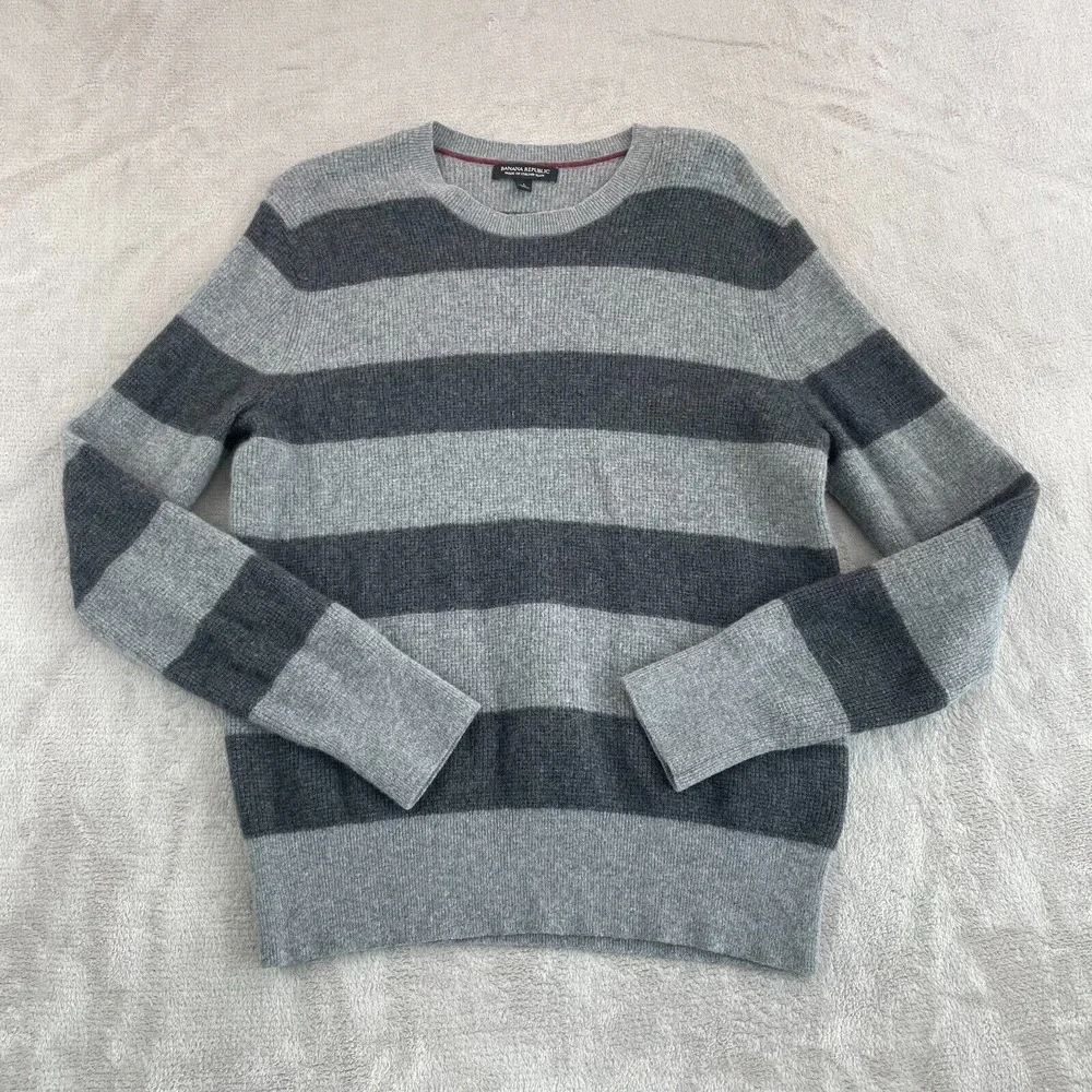 Banana Republic‎ Sweater Men Large Grey Striped Merino Wool Crew Neck NWOT